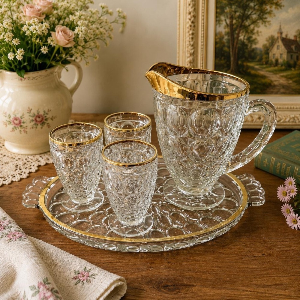 VTG Jeannette Thumbprint Gold Trim Juice Glasses Pitcher Tray Set Mid‎ Century